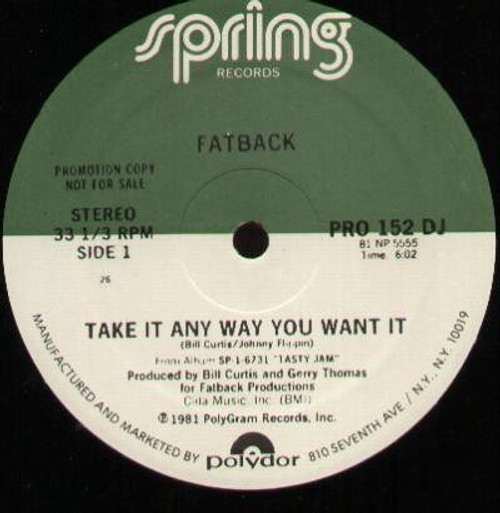 The Fatback Band - Take It Any Way You Want It - Spring Records - PRO 152 DJ - 12", Promo 2237102698