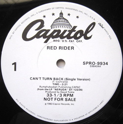 Red Rider - Can't Turn Back - Capitol Records - SPRO-9934 - 12", Single, Promo 2221524604