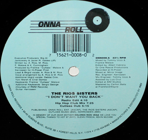 Rios Sisters - I Don't Want You Back - Onna Roll - ONN 008 - 12" 2356023787