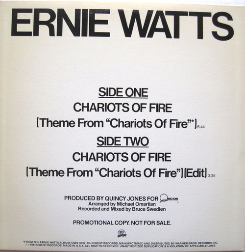 Ernie Watts - Chariots Of Fire - Qwest Records - PRO-A-995 - 12", Promo 2270373133