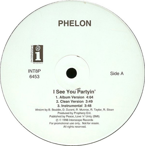 The Phelon - I See You Partyin' - Interscope Records - INT8P 6453 - 12", Promo 2387107957