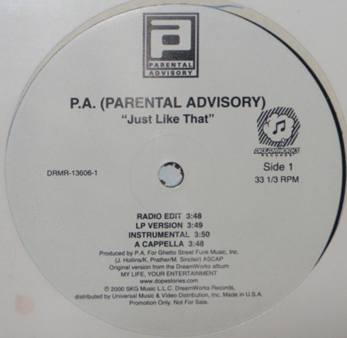 Parental Advisory - Just Like That / Sundown - DreamWorks Records - DRMR-13606-1 - 12", Promo 2295271489