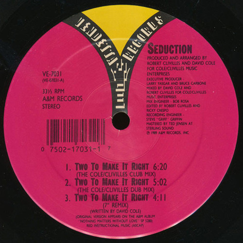 Seduction - Two To Make It Right - Vendetta Records (2) - VE-7031 - 12", SRC 2491689875