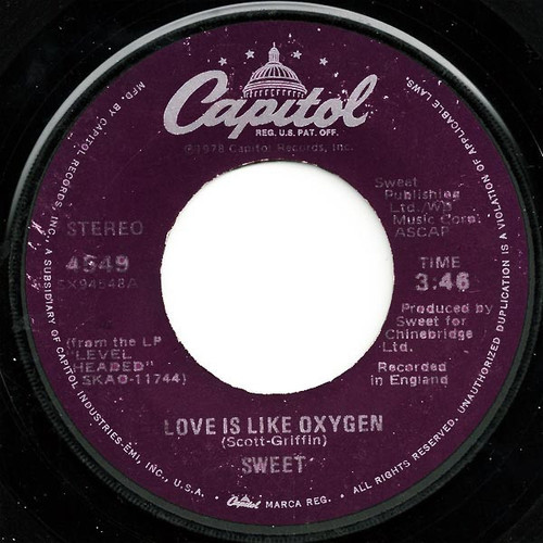 Sweet* - Love Is Like Oxygen (7", Single, Los)