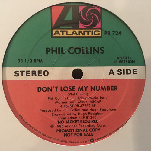 Phil Collins - Don't Lose My Number (12", Promo)