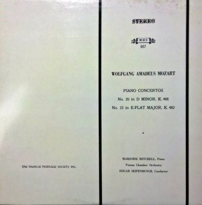 Wolfgang Amadeus Mozart - Marjorie Mitchell, Vienna Chamber Orchestra* Conductor Edgar Seipenbusch - Piano Concertos No. 20 In D Minor K. 466 / No. 22 In E-Flat Major K. 482 (LP)