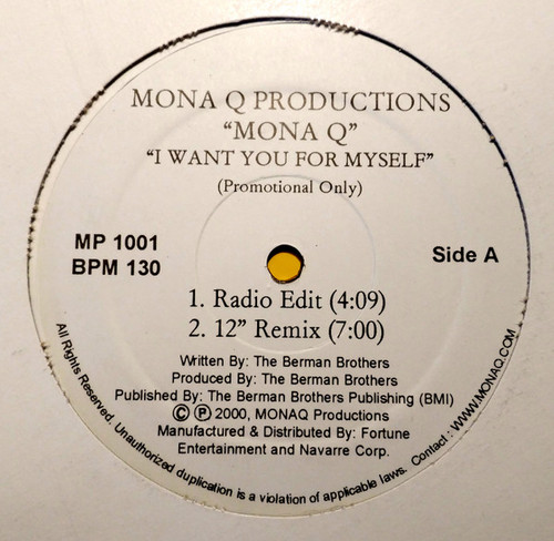 Mona Q* - I Want You For Myself (12", Promo)