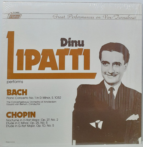 Dinu Lipatti - Bach: Piano Concerto No. 1 In D Minor, S. 1052, Chopin: Nocturne In D-Flat Major, Op. 27, No. 2; Etude In E Minor, Op. 25, No. 5; Etude In G-Flat Major, Op. 10, No. 5 (LP)