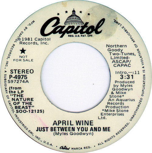 April Wine - Just Between You And Me (7", Single, Mono, Promo)