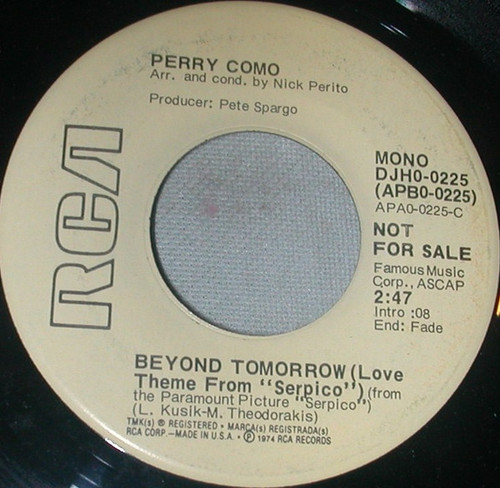 Perry Como - Beyond Tomorrow (Love Theme From The Paramount Picture "Serpico") (7", Mono, Promo)