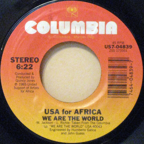 USA For Africa - We Are The World (7", Single, Styrene, Pit)