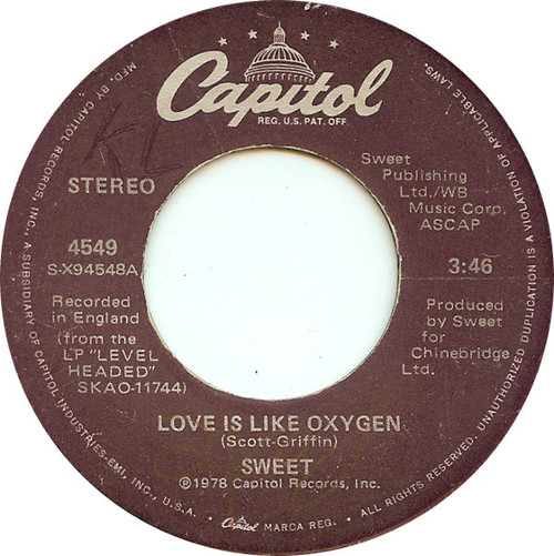 Sweet* - Love Is Like Oxygen (7", Single, Win)