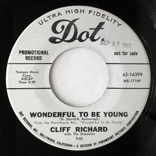 Cliff Richard & The Shadows - Wonderful To Be Young (7", Single, Promo)