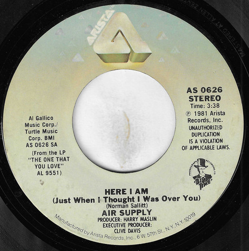 Air Supply - Here I Am (Just When I Thought I Was Over You) (7", Styrene, Ter)