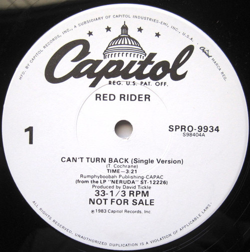 Red Rider - Can't Turn Back (12", Single, Promo)