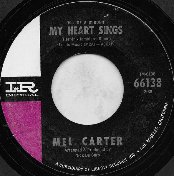 Mel Carter - (All Of A Sudden) My Heart Sings (7", Single, Styrene, Mon)