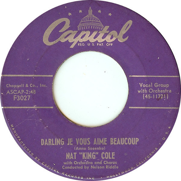Nat "King" Cole* - Darling Je Vous Aime Beaucoup / The Sand And The Sea (7", Single, Scr)