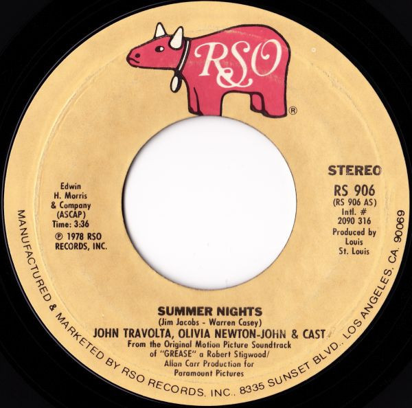John Travolta, Olivia Newton-John & "Grease" Cast / Louis St. Louis - Summer Nights / Rock 'N' Roll Party Queen - RSO, RSO - RS 906, 2090 316 - 7", Single, Styrene, Pit 1002000037