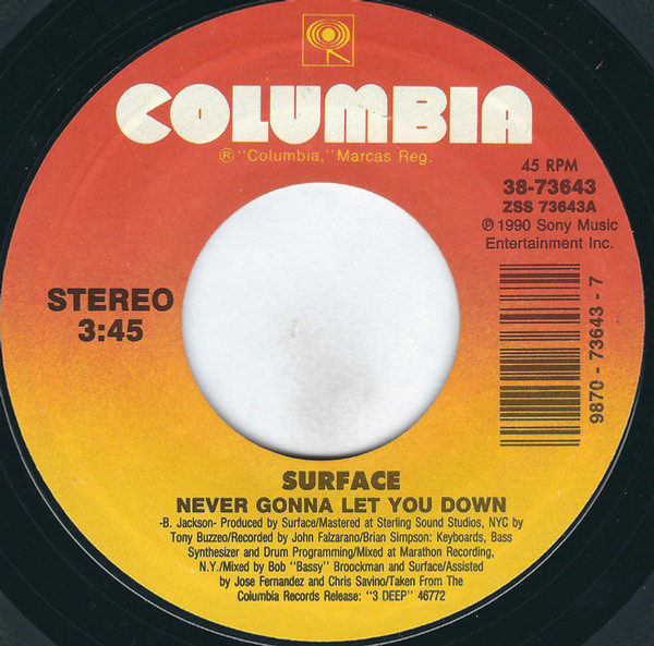 Surface - Never Gonna Let You Down - Columbia - 38-73643 - 7", Single, Styrene, Car 1091217948 Surface - Never Gonna Let You Down - Columbia - 38-73643 - 7", Single, Styrene, Car 1091217948