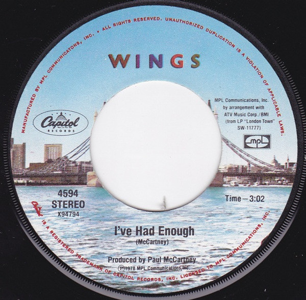 Wings (2) - I've Had Enough (7", Single)