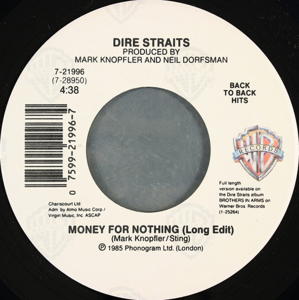 Dire Straits - Money For Nothing (Long Edit) / Twisting By The Pool - Warner Bros. Records - 7-21996 - 7" 1093892915