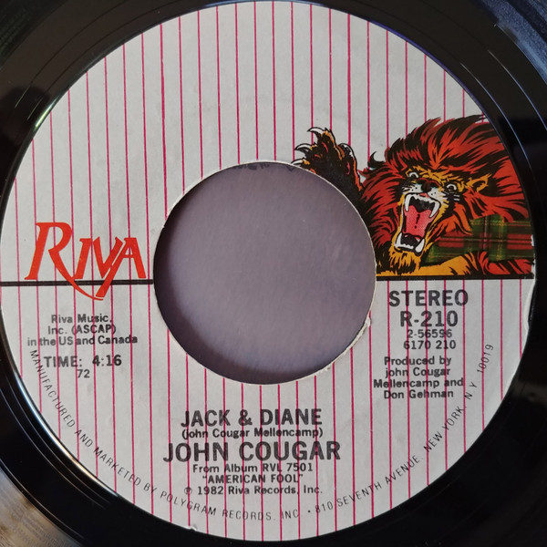 John Cougar Mellencamp - Jack & Diane - Riva (2) - R 210 - 7", Single, Styrene, 72 1094320291
