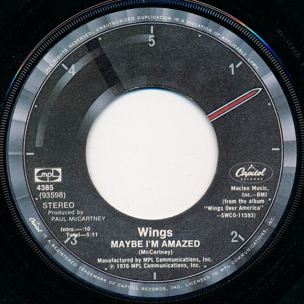 Wings (2) - Maybe I'm Amazed - Capitol Records, MPL (2) - 4385 - 7", Single, Win 1132136749