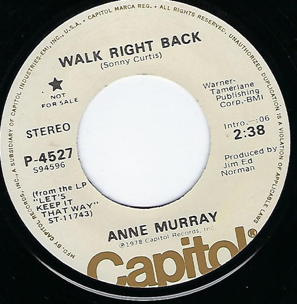 Anne Murray - Walk Right Back (7", Single, Mono, Promo)