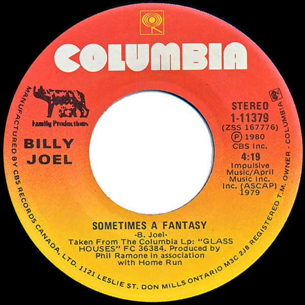 Billy Joel - Sometimes A Fantasy - Columbia, Family Productions - 1-11379 - 7", Single 1168901385