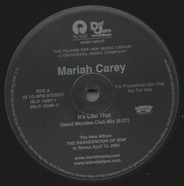 Mariah Carey - It's Like That (Remixes by David Morales) - Island Def Jam Music Group, Island Def Jam Music Group - ISLR 16287-1, ISLR 16288-1 - 2x12", Promo 1180229630