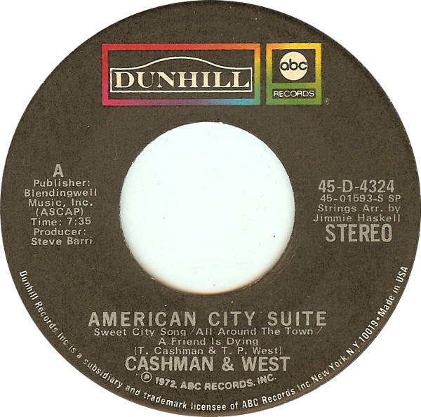 Cashman & West - American City Suite - ABC/Dunhill Records - 45-D-4324 - 7", Single 1187978131