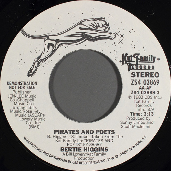 Bertie Higgins - Pirates And Poets (7", Promo, Styrene)