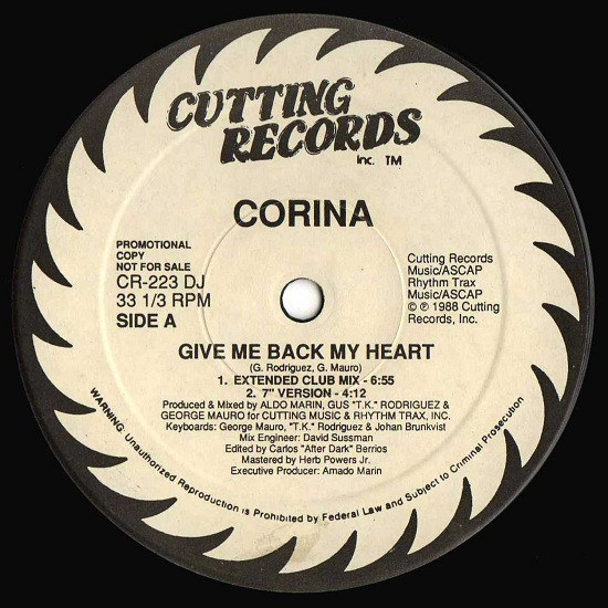 Corina - Give Me Back My Heart (12", Promo)