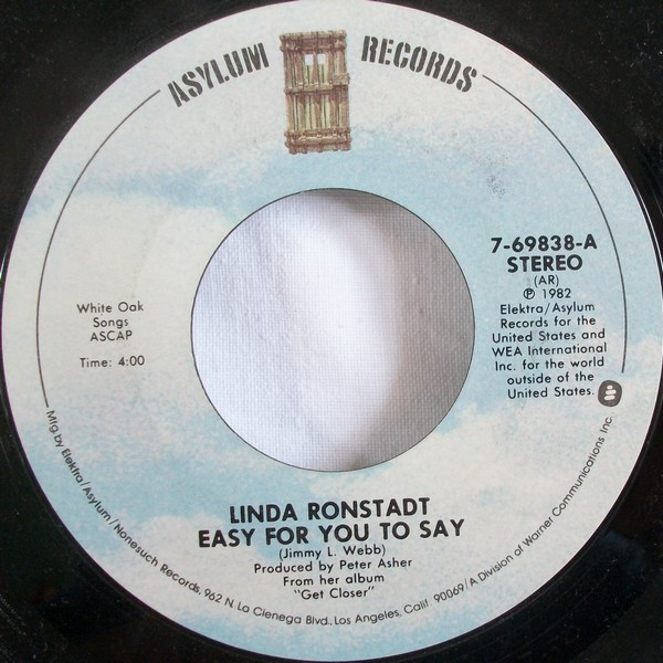 Linda Ronstadt - Easy For You To Say - Asylum Records - 7-69838 - 7", Single 1239966213