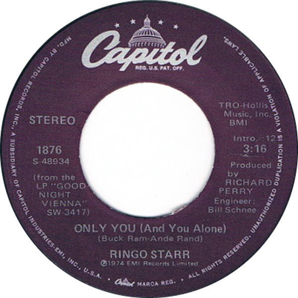 Ringo Starr - Only You (And You Alone) - Capitol Records - 1876 - 7", Single, RE, Los 1714096816