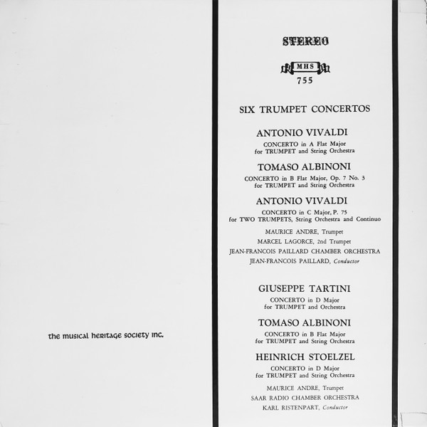 Maurice André, Marcel Lagorce, Orchestre De Chambre Jean-François Paillard, Kammerorchester Des Saarländischen Rundfunks, Saarbrücken, Karl Ristenpart - Six Trumpet Concertos - Musical Heritage Society - MHS 755 - LP, Album 1771349836