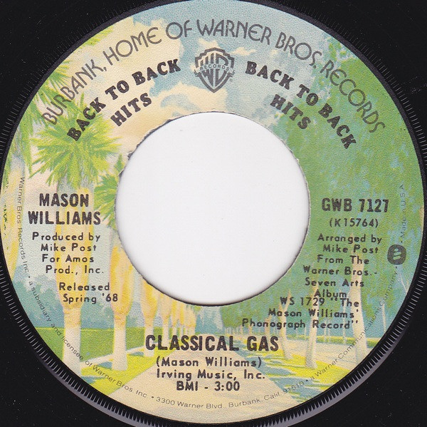 Mason Williams - Classical Gas / Baroque-A-Nova - Warner Bros. Records - GWB 7127 - 7", Single, RE 1959262112