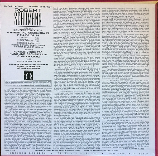 Robert Schumann - Konzertst√ºck For 4 Horns And Orchestra In F Major Op. 86 / Konzertst√ºck For Piano And Orchestra In G Major Op. 92 - Nonesuch - H-71044 - LP 2197758746