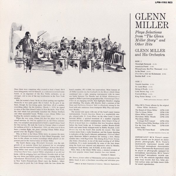 Glenn Miller And His Orchestra - Glenn Miller Plays Selections From "The Glenn Miller Story" And Other Hits - RCA Victor, RCA Victor, RCA Victor - LPM-1192, LPM-1192 RE2, LPM 1192 - LP, Album, RE 2191093733