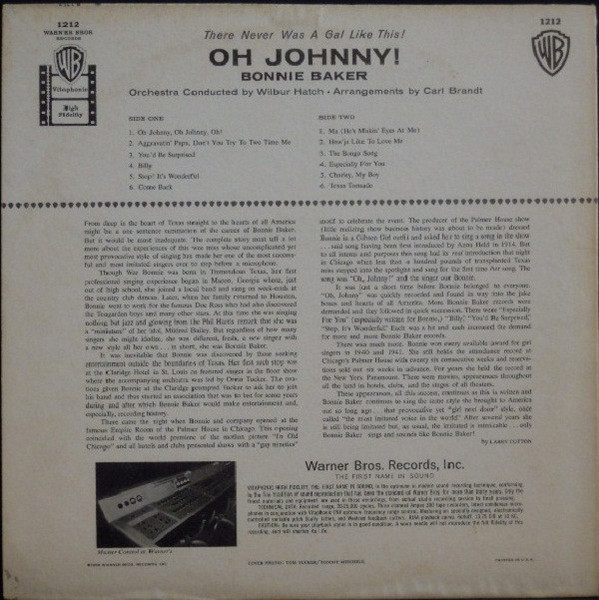 Bonnie Baker - Oh Johnny! - Warner Bros. Records, Warner Bros. Records - B 1212, 1212 - LP, Album, Mono 2228943574