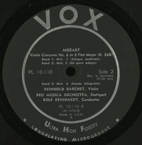 Wolfgang Amadeus Mozart, Reinhold Barchet, Rolf Reinhardt, Pro Musica Orchestra Stuttgart - Violin Concerti (No. 4 In D-Major, K. 218 / No. 6 In E Flat Major, K. 268) - VOX (6) - PL 10.110 - LP, Album, RE 2227643848