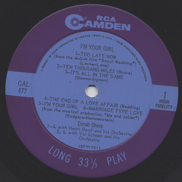Dinah Shore - I'm Your Girl - RCA Camden, RCA Camden - CAL 477, CAL-477 - LP, Mono 2230780024