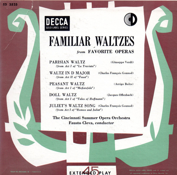 Cincinnati Summer Opera Orchestra - Familiar Waltzes from Favorites Operas  (7", EP)