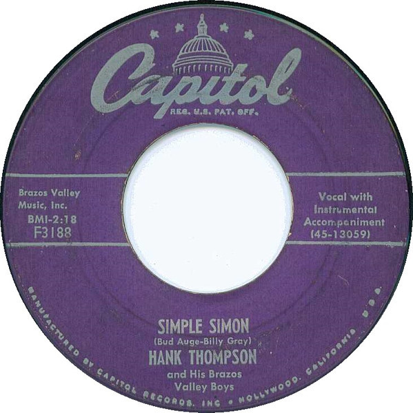 Hank Thompson And His Brazos Valley Boys - Simple Simon (7", Single, Scr)