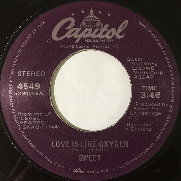 Sweet* - Love Is Like Oxygen (7", Single, Jac)