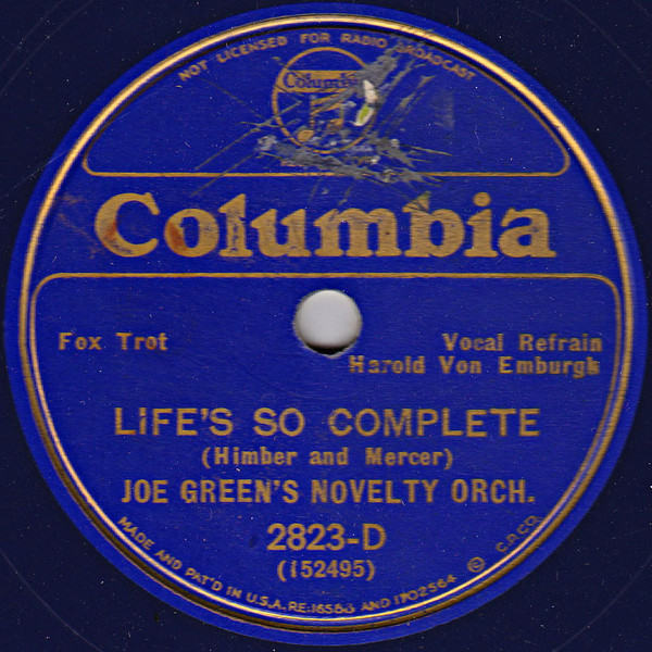 Joe Green's Novelty Orch.* - Life's So Complete / Paradise Lane (Shellac, 10", Blu)