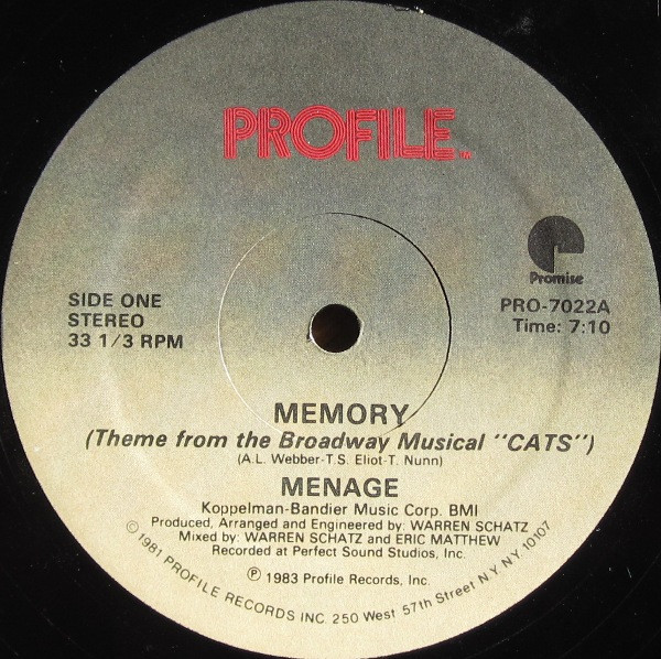 Menage (2) - Memory (Theme From The Broadway Musical "Cats") (12", Single)