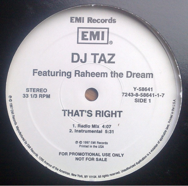 DJ Taz (3) Featuring Raheem The Dream - That's Right  (12", Promo)