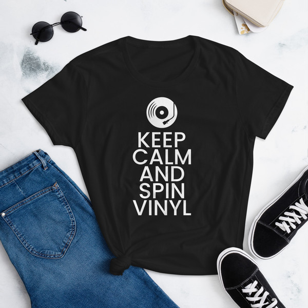 Keep Calm and Spin Vinyl Women's short sleeve t-shirt with BullTrax Records Logo on Back