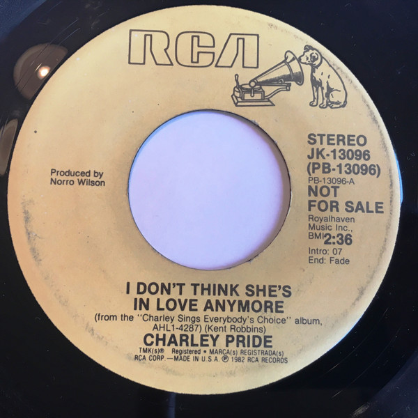 Charley Pride - I Don't Think She's In Love Anymore (7", Promo)